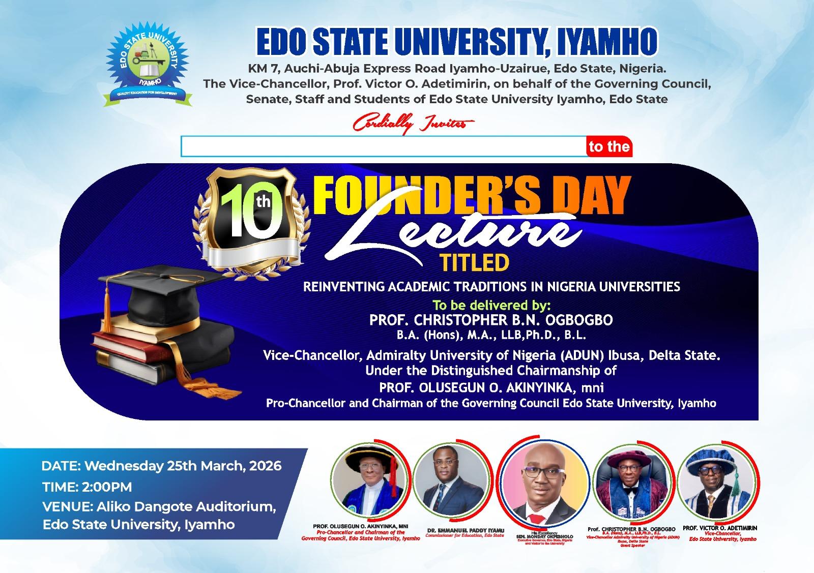 FORMAL INVITATION TO THE 10TH FOUNDER'S DAY LECTURE