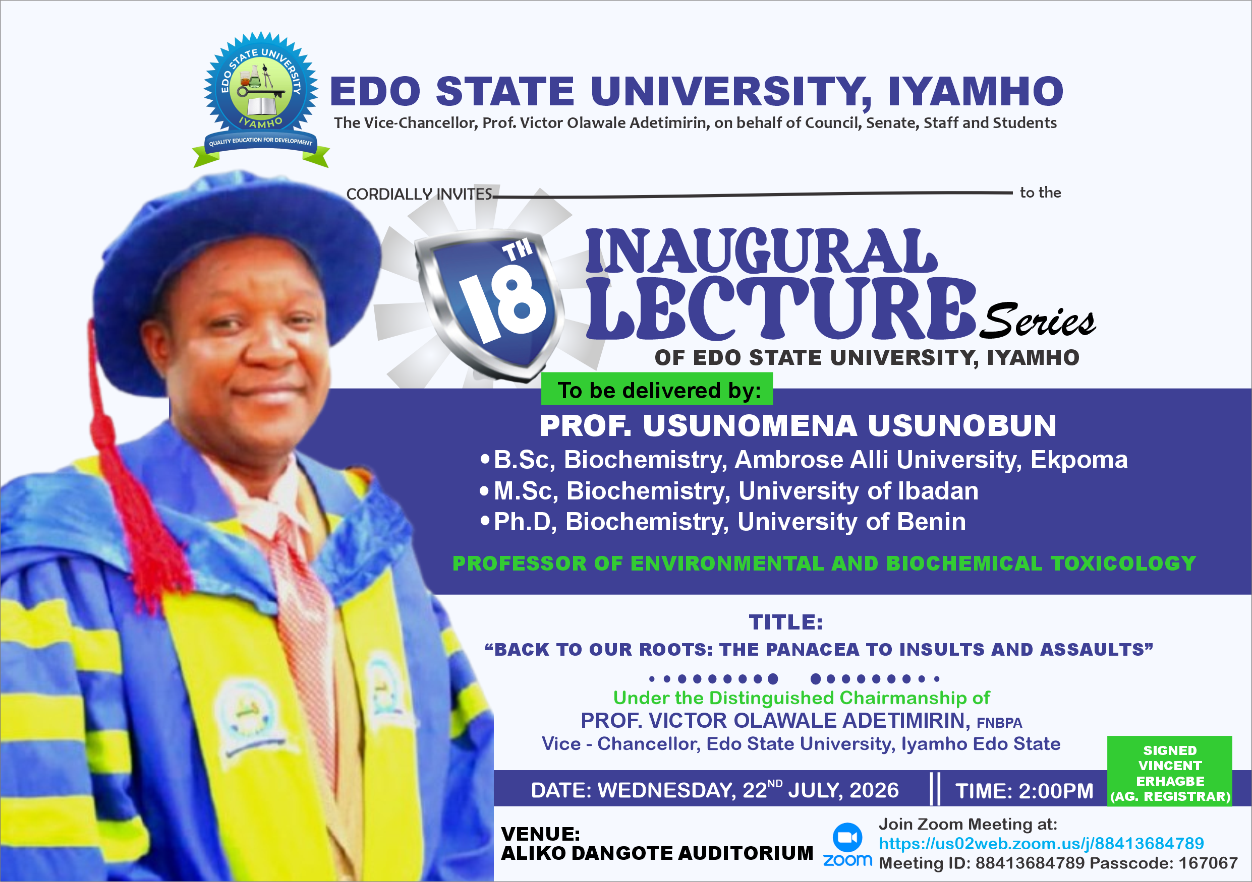 INVITATION TO THE 18TH INAUGURAL LECTURE SERIES
